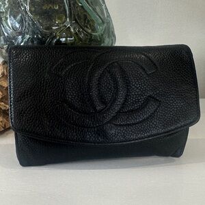 CHANEL Black Caviar Leather Compact Wallet
